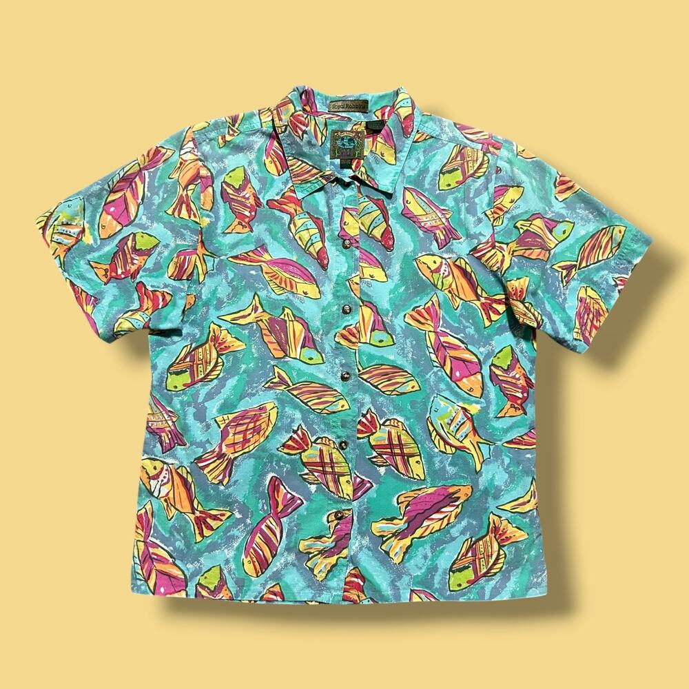 Vintage Tropical Fish All Over Print Shirt Button Up Colorful 80s Womens Cotton